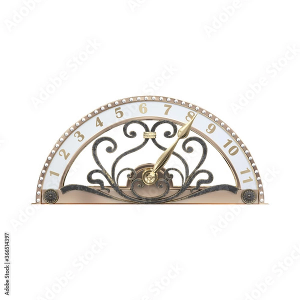 Obraz Metal indicator for elevator with arrow in retro style. Top view. 3d illustration isolated on a white background. Interior design in a luxury hotel, bank. Numbers with gold arrows. Eight.