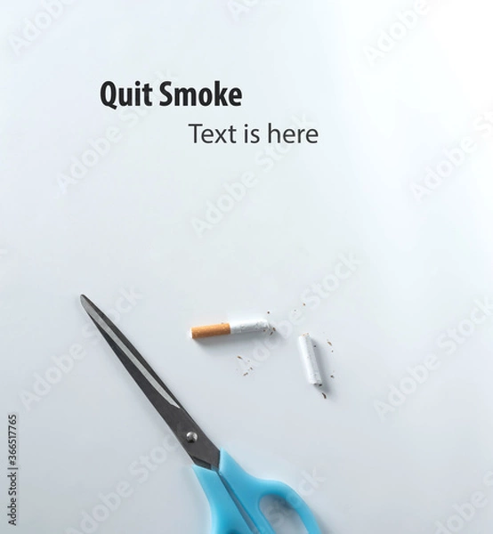 Fototapeta cutting cigarette into two parts by scissors isolated on white background from top view with copy space. concept quit smoke.