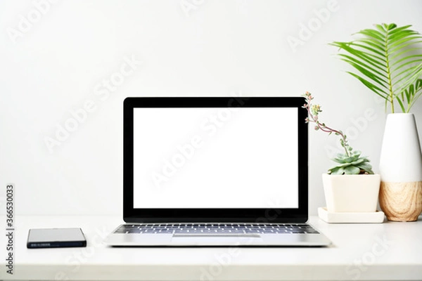 Fototapeta Laptop computer with blank screen in office