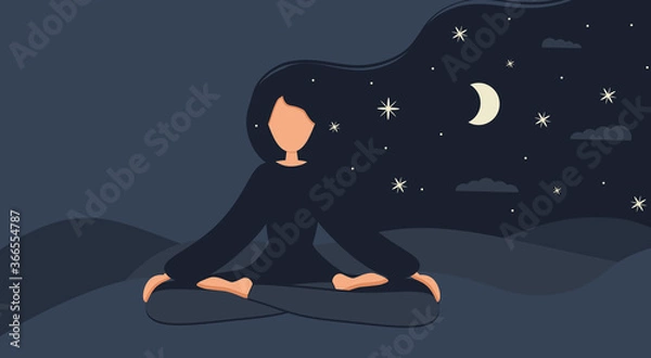 Obraz Girl in yoga lotus practices meditation at night outdoor. Nature background with moon. Banner, card or landing page template. Vector illustration in flat style. Young woman meditating