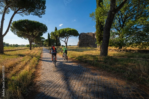 Fototapeta A stretch of the Appian Way, one of the most important streets of the Roman Empire. Dense vegetation, maritime pines, two cycles next to a tumulus grave on a summer day. Rome, Italy.