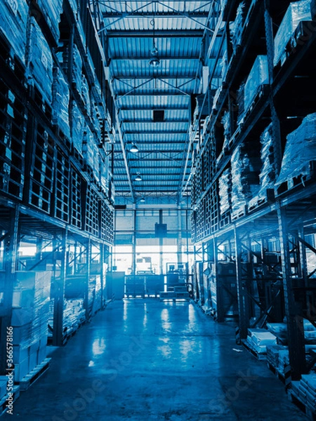 Fototapeta Warehouse cargo building store, warehouse interior with shelves, pallets and boxes for stock and sorting shipment goods in freight, logistics and transportation industrial