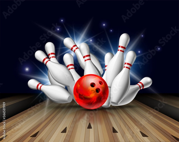 Fototapeta Red Bowling Ball crashing into the pins on bowling alley line. Illustration of bowling strike