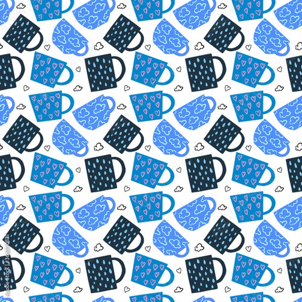 Fototapeta Seamless crockery vector pattern on white background. Hand drawn utensil. Perfect for wallpaper or fabric. Blue tea cups with little hearts and clouds. Tea party