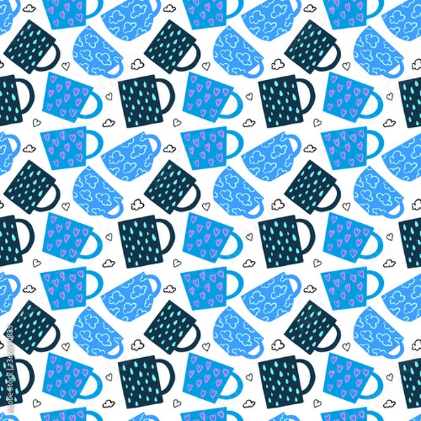 Fototapeta Seamless crockery vector pattern on white background. Hand drawn utensil. Perfect for wallpaper or fabric. Blue tea cups with little hearts and clouds. Tea party