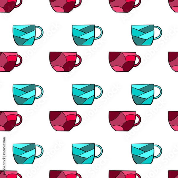 Fototapeta Seamless crockery vector pattern on white background. Hand drawn utensil. Perfect for wallpaper or fabric. Pink and blue tea cups. Tea party