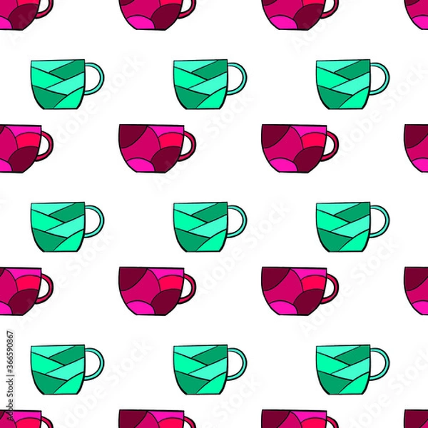 Fototapeta Seamless crockery vector pattern on white background. Hand drawn utensil. Perfect for wallpaper or fabric. Pink and blue tea cups. Tea party