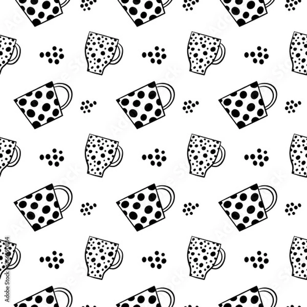 Fototapeta Seamless crockery vector pattern on white background. Hand drawn utensil in inky style. Perfect for wallpaper or fabric. Black and white illustration. Tea party