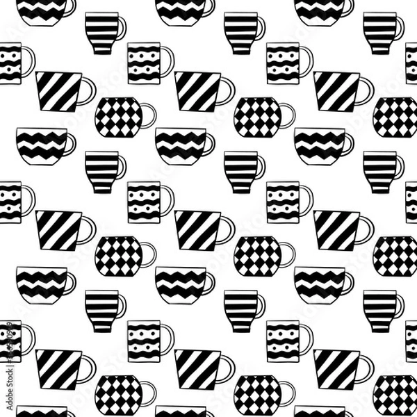 Fototapeta Seamless crockery vector pattern on white background. Hand drawn utensil in inky style. Perfect for wallpaper or fabric. Black and white illustration. Tea party.