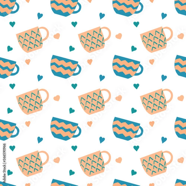 Fototapeta Seamless crockery vector pattern on white background. Hand drawn utensil. Perfect for wallpaper or fabric. Pink and blue tea cups with little hearts. Tea party