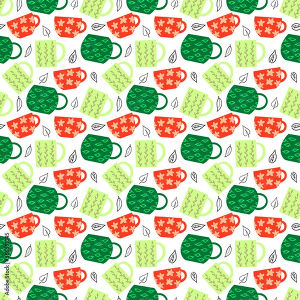 Fototapeta Seamless crockery vector pattern on white background. Hand drawn utensil. Perfect for wallpaper or fabric. Green and red tea cups with black leaves. Tea party