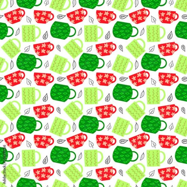 Fototapeta Seamless crockery vector pattern on white background. Hand drawn utensil. Perfect for wallpaper or fabric. Green and red tea cups with black leaves. Tea party