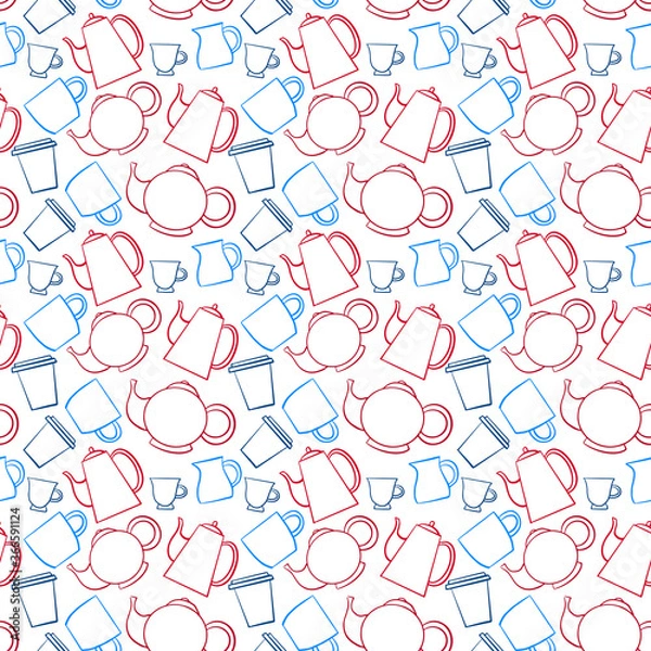 Fototapeta Seamless crockery vector pattern on white background. Hand drawn utensil in inky style. Perfect for wallpaper or fabric. Red and blue illustration. Tea party