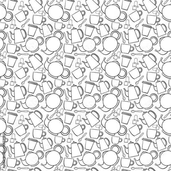 Fototapeta Seamless crockery vector pattern on white background. Hand drawn utensil in inky style. Perfect for wallpaper or fabric. Black and white illustration. Tea party