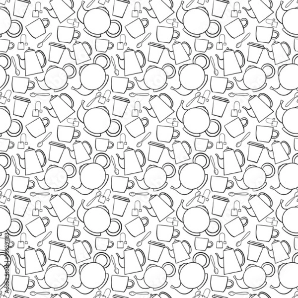 Fototapeta Seamless crockery vector pattern on white background. Hand drawn utensil in inky style. Perfect for wallpaper or fabric. Black and white illustration. Tea party