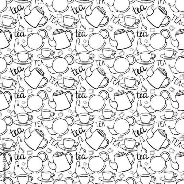 Fototapeta Seamless crockery vector pattern on white background. Hand drawn utensil in inky style. Perfect for wallpaper or fabric. Black and white illustration. Hand written phrase. Tea party.
