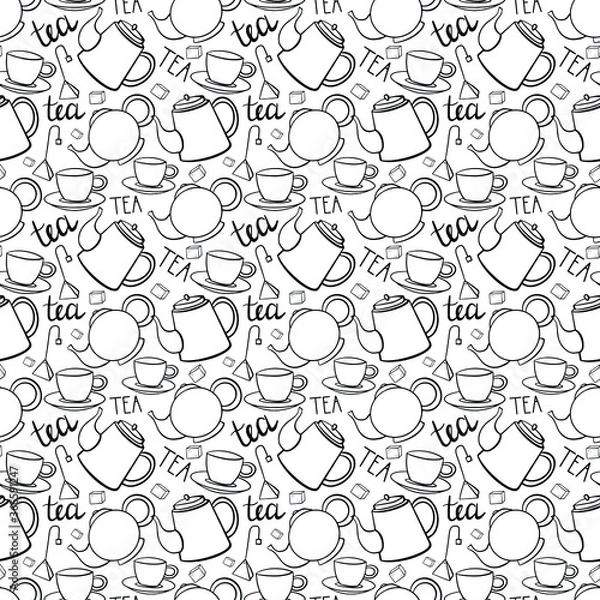 Fototapeta Seamless crockery vector pattern on white background. Hand drawn utensil in inky style. Perfect for wallpaper or fabric. Black and white illustration. Hand written phrase. Tea party.