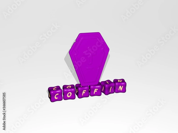Fototapeta 3D representation of COFFIN with icon on the wall and text arranged by metallic cubic letters on a mirror floor for concept meaning and slideshow presentation. illustration and background