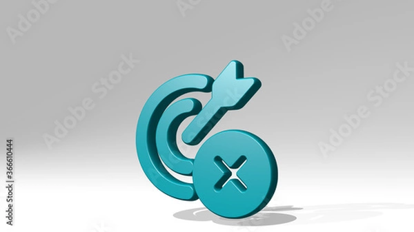 Fototapeta TARGET MISS stand with shadow. 3D illustration of metallic sculpture over a white background with mild texture. business and concept