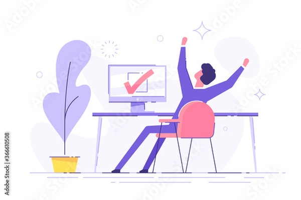 Fototapeta Happy man completed task and triumphing with raised hands on the his workplace.  Successful well done work. Completed task. modern vector illustration.