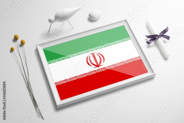Fototapeta Iran flag in wooden frame on table. White natural soft concept, national celebration theme.