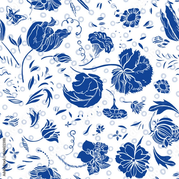 Fototapeta Vector royal blue baroque elegant lino cut floral seamless pattern with hand drawn historic florals on white dotted background. Nature background. Surface pattern design.