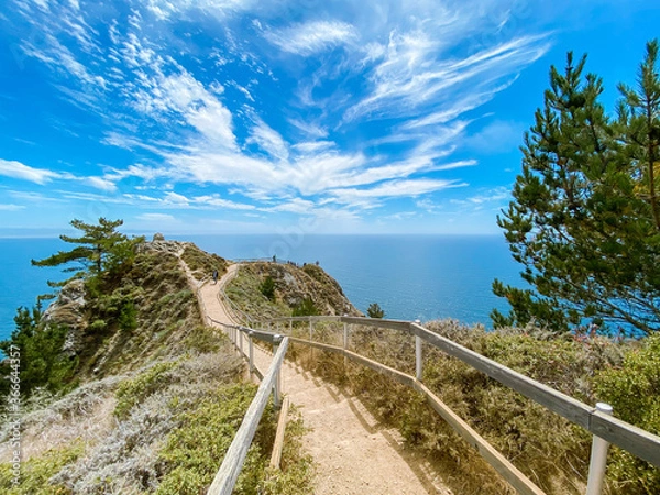 Fototapeta Seascape. The walkway leads to the observation deck. Summer, sunny day. Blue sky with white clouds. Muir woods beach overlook, California, USA