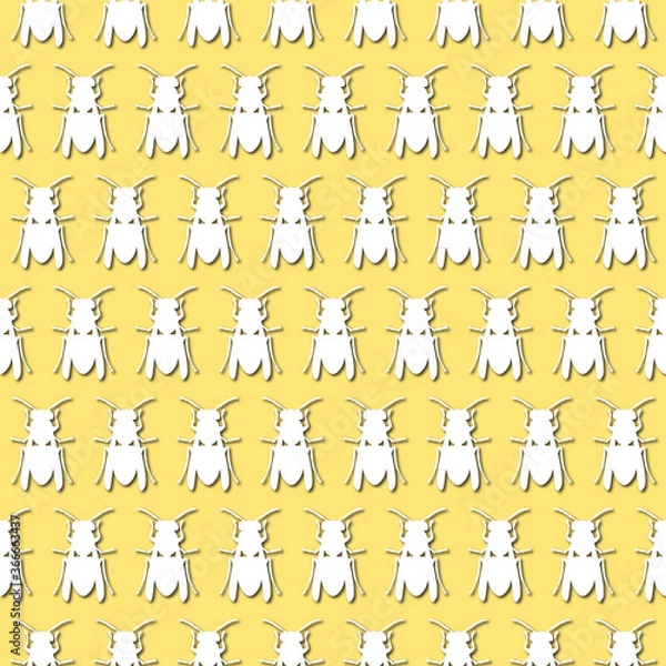 Fototapeta White bee, apis silhouette on pale orange, yellow background, seamless pattern. Paper cut style