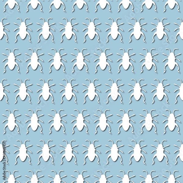 Fototapeta White bug, beetle silhouette on pale blue background, seamless pattern. Paper cut style
