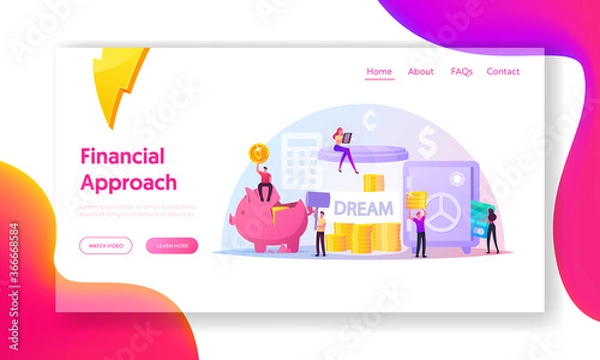 Fototapeta Finance Budget Landing Page Template. Tiny Characters Put Coins into Huge Piggy Bank, Safe and Jar Saving, Collect Money
