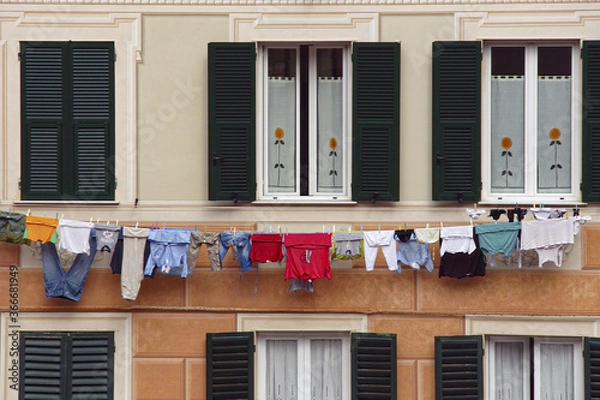 Obraz Laundry outside the windows in Camogli, Italy