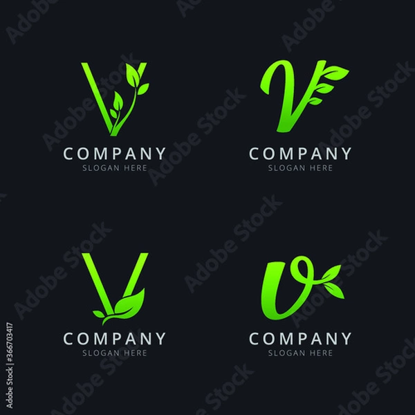 Obraz Initial V logo with leaf elements in green color
