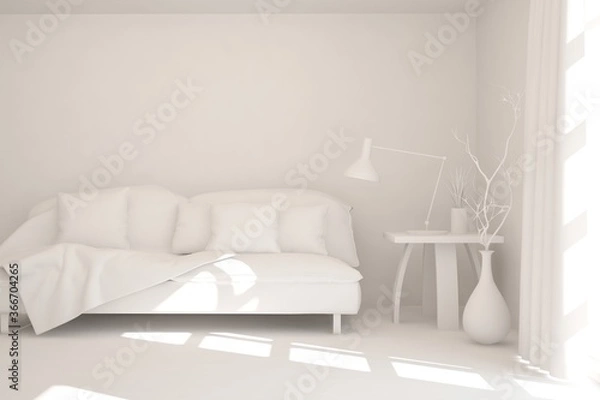 Fototapeta White room with sofa. Scandinavian interior design. 3D illustration