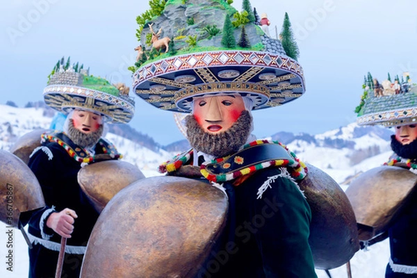 Fototapeta Silvesterchlausen or New Year’s Mummers Processions. It's part of the Silvesterchlausen tradition of greeting for the New Year in the Canton of Appenzell, Switzerland
