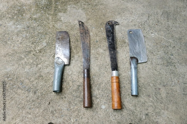Obraz Multi style sharp knives lay on cement floor, wooden or metal handle for cut, chop, slice, cooking or working