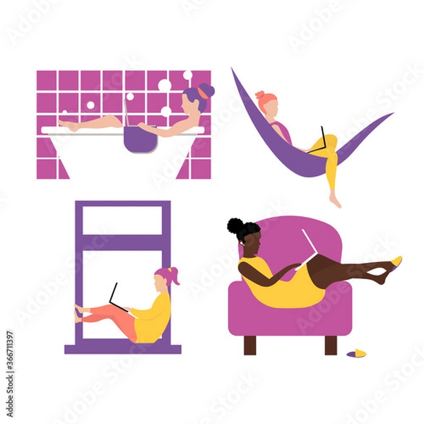 Fototapeta Self employed woman concept. Set of  female character with laptop freelance working or studing at home, on beach, in park.   Coworking  work space for relax and calm.  Cute illustration in flat style.