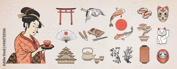 Obraz Set of Japanese design elements. Geisha Woman Illustration. Hand drawn vector illustration.