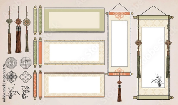 Obraz Chinese Hanging Scrolls / Oriental Vintage asian scrolls /Asian lanterns / Traditional patterns.