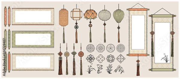 Obraz Chinese Hanging Scrolls / Oriental Vintage asian scrolls /Asian lanterns / Traditional patterns.