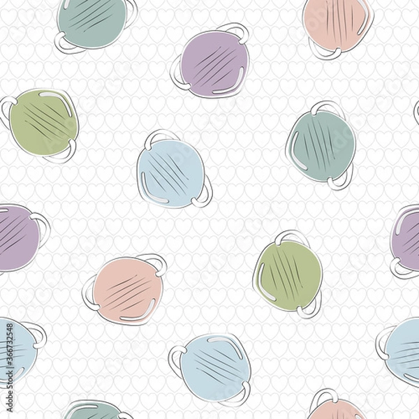 Fototapeta Vector Covid19 Pastel Face Dust Masks on White Background with Gray Hearts Seamless Repeat Pattern. Background for textiles, cards, manufacturing, wallpapers, print, gift wrap and scrapbooking.