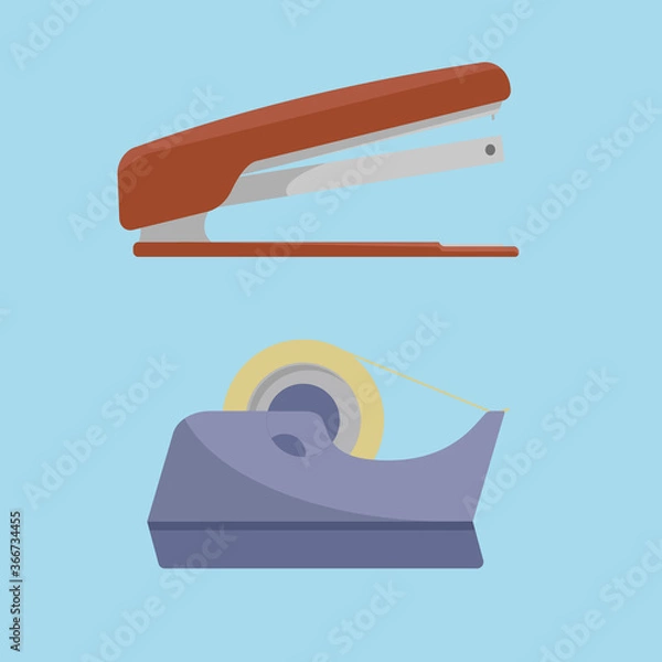 Fototapeta The  red stapler and the grey-blue automatic tape