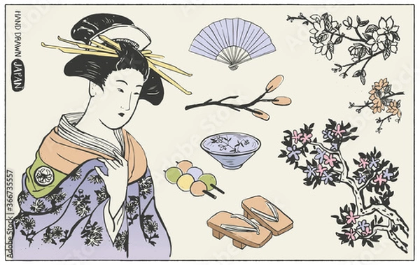 Obraz Set of Japanese design elements. Geisha Woman Illustration. Hand drawn vector illustration.