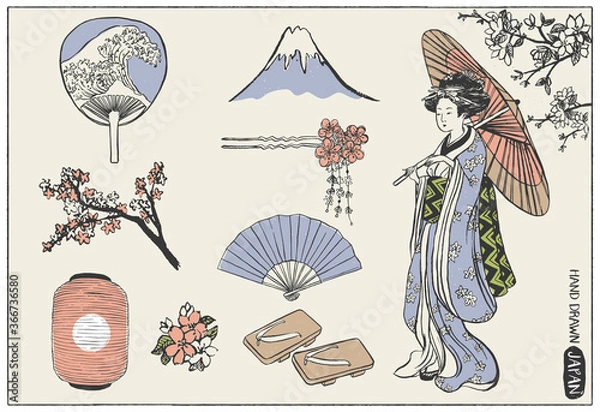 Obraz Zestaw elementów projektu Japonii. Ilustracja kobieta gejsza. Ręcznie rysowane ilustracji wektorowych.