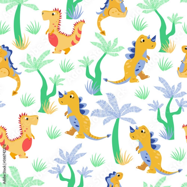 Fototapeta vector seamless patterns with dinosaurs and ferns. texture for children with cartoon motives and plants. patterns for decorating fabrics and children's clothing