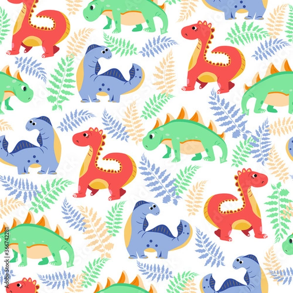 Fototapeta vector seamless patterns with dinosaurs and ferns. texture for children with cartoon motives and plants. patterns for decorating fabrics and children's clothing