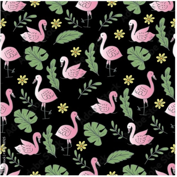 Obraz Summer flamingo and leaves seamless pattern.