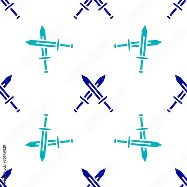 Fototapeta Blue Crossed medieval sword icon isolated seamless pattern on white background. Medieval weapon. Vector.