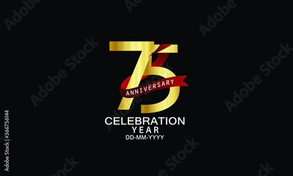 Fototapeta 75 year anniversary red ribbon celebration logotype. anniversary logo with Red text and Spark light gold color isolated on black background, design for celebration, invitation - vector