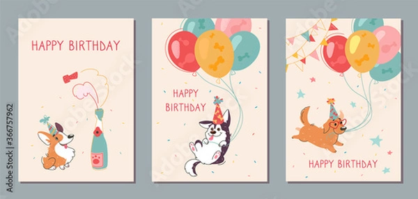 Obraz Stylish happy birthday cards with funny corgi, husky and labrador. Inflatable balls, champagne on a beige background. Vector greeting card with cute animals, print for factory textiles