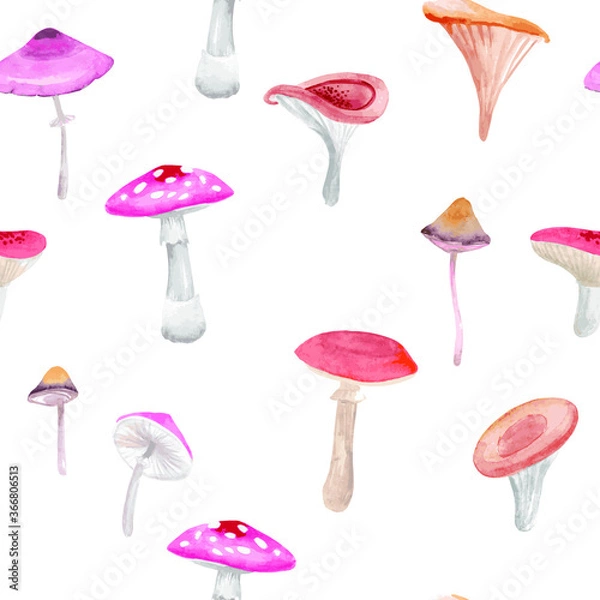 Fototapeta Mushrooms. Hand drawn watercolor painting on white background. Vector pattern